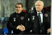 16 October 2012; Republic of Ireland manager Giovanni Trapattoni, right, and assistant manager Marco Tardelli shake hands before the start of the game. 2014 FIFA World Cup Qualifier, Group C, Faroe Islands v Republic of Ireland, Torsvollur Stadium, Torshavn, Faroe Islands. Picture credit: David Maher / SPORTSFILE