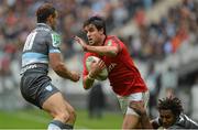 13 October 2012; Conor Murray, Munster, in action against Benjamin Fall, right, and Olly Barkley, Racing Metro 92. Heineken Cup 2012/13 - Pool 1, Round 1, Racing Metro 92 v Munster, Stade de France, Saint Denis, Paris, France. Picture credit: Diarmuid Greene / SPORTSFILE