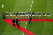 7 October 2012; The Kerry team await to be greeted by An Taoiseach Enda Kenny T.D. and Pat Quill, President, Ladies Gaelic Football Association. TG4 All-Ireland Ladies Football Senior Championship Final, Cork v Kerry, Croke Park, Dublin. Picture credit: Stephen McCarthy / SPORTSFILE