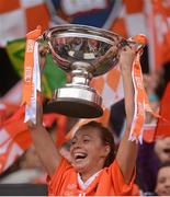 7 October 2012; Armagh captain Mags McAlinden lifts the Cup. TG4 All-Ireland Ladies Football Intermediate Championship Final, Armagh v Waterford, Croke Park, Dublin. Picture credit: Stephen McCarthy / SPORTSFILE