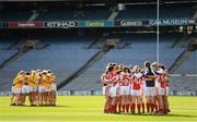 7 October 2012; The Louth and Antrim teams huddle ahead of the game. TG4 All-Ireland Ladies Football Junior Championship Final, Antrim v Louth, Croke Park, Dublin. Picture credit: Stephen McCarthy / SPORTSFILE