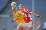 7 October 2012; Anna Finnegan, Antrim, in action against Andrea Carney, Louth. TG4 All-Ireland Ladies Football Junior Championship Final, Antrim v Louth, Croke Park, Dublin. Picture credit: Stephen McCarthy / SPORTSFILE