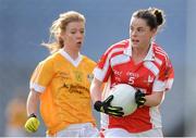7 October 2012; Michelle McMahon, Louth, in action against Caitlin McHugh, Antrim. TG4 All-Ireland Ladies Football Junior Championship Final, Antrim v Louth, Croke Park, Dublin. Picture credit: Stephen McCarthy / SPORTSFILE