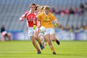 7 October 2012; Mairead Cooper, Antrim, in action against Ann Marie Lynch, Louth. TG4 All-Ireland Ladies Football Junior Championship Final, Antrim v Louth, Croke Park, Dublin. Picture credit: Stephen McCarthy / SPORTSFILE