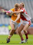 7 October 2012; Mairead Cooper, Antrim, in action against Ciara O'Connor, Louth. TG4 All-Ireland Ladies Football Junior Championship Final, Antrim v Louth, Croke Park, Dublin. Picture credit: Stephen McCarthy / SPORTSFILE