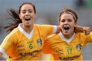 7 October 2012; Nicole Kelly, left, and Rachel Fulton, Antrim, celebrate their side's victory. TG4 All-Ireland Ladies Football Junior Championship Final, Antrim v Louth, Croke Park, Dublin. Picture credit: Stephen McCarthy / SPORTSFILE