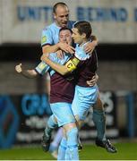 19 October 2012; Alan McNally, right, Drogheda United, is congratulated after scoring his side's first goal by team-mates Sean Brennan and Alan Byrne. Airtricity League Premier Division, Drogheda United v Sligo Rovers, Hunky Dory Park, Drogheda, Co. Louth. Photo by Sportsfile