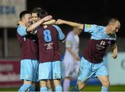 19 October 2012; Alan McNally, Drogheda United, is congratulated after scoring his side's first goal by team-mates Sean Brennan, left, Ryan Brennan, no. 8, and Alan Byrne, right. Airtricity League Premier Division, Drogheda United v Sligo Rovers, Hunky Dory Park, Drogheda, Co. Louth. Photo by Sportsfile