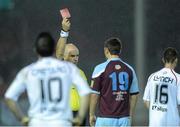 19 October 2012; Declan O'Brien, Drogheda United, is shown a red card by referee Tom Connolly. Airtricity League Premier Division, Drogheda United v Sligo Rovers, Hunky Dory Park, Drogheda, Co. Louth. Photo by Sportsfile