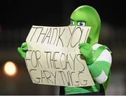19 October 2012; Shamrock Rovers mascot Hooperman holds up a banner with reference to Gary Twigg's last game for Shamrock Rovers. Airtricity League Premier Division, Shamrock Rovers v UCD, Tallaght Stadium, Tallaght, Co. Dublin. Picture credit: David Maher / SPORTSFILE