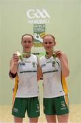 19 October 2012; Fiona Shannon, left, and her sister Sibeal Gallagher with their gold medals after victory in the Ladies Doubles Final match against Ashley Prendiville and Maria Daly, Co. Kerry. World Handball Championships, Citywest Hotel & Conference Centre, Saggart, Co. Dublin. Picture credit: Matt Browne / SPORTSFILE