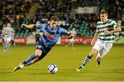 19 October 2012; Chris Mulhall, UCD, in action against Conor Powell, Shamrock Rovers. Airtricity League Premier Division, Shamrock Rovers v UCD, Tallaght Stadium, Tallaght, Co. Dublin. Picture credit: David Maher / SPORTSFILE