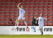 20 October 2012; Peter  White, Waterford United, celebrates after scoring his side's first goal with team-mate Paul Phelan, right. Airtricity League First Division Promotion Play-Off, 1st Leg, Longford Town v Waterford United, Flancare Park, Co. Longford. Photo by Sportsfile