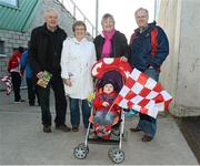 21 October 2012; Supporters, from left to right, Frank Mallon, from Armagh, Anne Earley, from Castlebar, Co. Mayo, Una Mallon, from Armagh, Tim Van Oost, from Texas, United States, and Ciaran Earley, age 2, who's father plays for Ballintubber. Mayo County Senior Football Championship Final, Ballintubber v Ballaghaderreen, Elverys MacHale Park, Castlebar, Co. Mayo. Picture credit: David Maher / SPORTSFILE