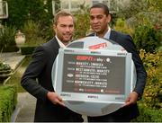 22 October 2012; Former Republic of Ireland internationals Jason McAteer, left, and Phil Babb promote ESPN’s live coverage of forthcoming matches in the Barclays Premier League and Clydesdale Bank Premier League. Merrion Hotel, Dublin. Photo by Sportsfile