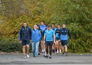 22 October 2012; Leinster forwards coach Jono Gibbes, left, and Gordon D'Arcy joke with team manager Guy Easterby as they make their way to squad training ahead of their side's Celtic League, Round 7, match against Cardiff Blues on Saturday. Leinster Rugby Squad Training, Rosemount, UCD, Belfield, Dublin. Picture credit: Barry Cregg / SPORTSFILE