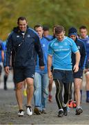 22 October 2012; Leinster forwards coach Jono Gibbes, left, and Gordon D'Arcy make their way to squad training ahead of their side's Celtic League, Round 7, match against Cardiff Blues on Saturday. Leinster Rugby Squad Training, Rosemount, UCD, Belfield, Dublin. Picture credit: Barry Cregg / SPORTSFILE