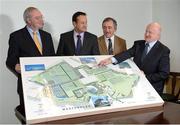 24 October 2012; Minister for Transport, Tourism and Sport Mr. Leo Varadkar, T.D., has confirmed that work is well underway on many aspects of the National Sports Campus at Blanchardstown, in particular citing a new agreement between the National Sports Campus Development Authority and Horse Sport Ireland / Pentathlon Ireland to develop equestrian and other training facilities for high performance athletes on the Campus. He also noted that FIFA has also agreed to give grant assistance to the FAI to facilitate their part of the development. Pictured at the announcement are, from left, Joe Walsh, Chairman of Horse Sport Ireland, Minister for Transport, Tourism and Sport Mr. Leo Varadkar, T.D, Sean Benton, Chairman, National Sports Campus Development Authority, and Barry O'Brien, Chief Executive, National Sports Campus Development Authority. Department of Transport, Tourism & Sport, Kildare Street, Dublin. Picture credit: Brendan Moran / SPORTSFILE