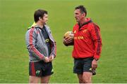 24 October 2012; Munster head coach Rob Penney, right, in conversation with Damien Varley during squad training ahead of their side's Celtic League 2012/13, Round 7, match against Zebre on Friday. Munster Rugby Press Briefing, Cork Institute of Technology, Bishopstown, Cork. Picture credit: Diarmuid Greene / SPORTSFILE