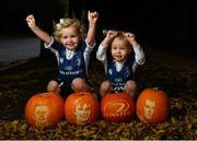 25 October 2012; Leinster Rugby’s Halloween Thriller: Leinster supporters Katie Gunne, age 3, and her brother John Gunne, age 2, from Dublin, were preparing for the Leinster Rugby Halloween Thriller, which takes place this Saturday in the RDS when Leinster take on the Cardiff Blues, with their spooky player pumpkins, from left, Eoin Reddan, Rhys Ruddock, and Jonathan Sexton. The scary event will see a fancy dress competition for adults and children, a House of Horrors and plenty of fun Halloween games ahead of the match which kicks off at 6.30pm. Adult tickets can be purchased from €20 with children’s tickets from €10 and a family of four can attend for €50, for more information or to purchase tickets please log on to www.leinsterrugby.ie. Herbert Park, Dublin. Picture credit: Brian Lawless / SPORTSFILE