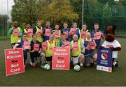 25 October 2012; The Oireachtas Members and Diplomatic Corps, from left, Des Tomlinson, FAI Inter-Cultural Officer, Carlos Isunza, from the Mexican Embassy, Kevin Dillon, from Fianna Fáil, John Webster, from the British Embassy, Eoin McCafferty, from Show Racism the Red Card, Gino D'Angelo, from the US Embassy, John Hennessey-Niland, from the US Embassy, Laurence McCormack, from Fianna Fáil, Senator Brian O'Domhnill, from row, from left, Eoin Weldon, from Fianna Fáil, Fianna Fáil Senator Mark Daly, Aengus O Snodaigh T.D., Daniel Brubaker, from the US Embassy, Harry Carberry, British Embassy, Todas Kubilius, from the Lithuanian Embassy, and Jeff the Ref, from Show Racism the Red Card. Irishtown Stadium, Dublin. Picture credit: Matt Browne / SPORTSFILE