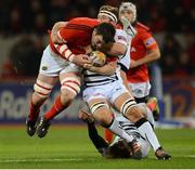 26 October 2012; Peter O'Mahony, Munster, is tackled by Filippo Cristiano and Alberto Chiesa, Zebre. Celtic League 2012/13, Round 7, Munster v Zebre, Thomond Park, Limerick. Picture credit: Matt Browne / SPORTSFILE