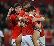 26 October 2012; Felix Jones, Munster, is congratulated by team-mates Simon Zebo and Dave O'Callaghan after scoring their side's second try. Celtic League 2012/13, Round 7, Munster v Zebre, Thomond Park, Limerick. Picture credit: Matt Browne / SPORTSFILE