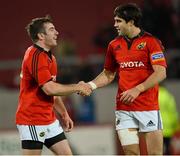 26 October 2012; Man of the match Munster's JJ Hanrahan, left, is congratulated after the game by team-mate Conor Murray. Celtic League 2012/13, Round 7, Munster v Zebre, Thomond Park, Limerick. Picture credit: Matt Browne / SPORTSFILE