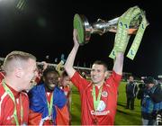 26 October 2012; Danny Ventre, Sligo Rovers, celebrates with the Airtricity League Premier Division trophy with team-mates Danny North, left and Pascal Millien. Airtricity League Premier Division, Sligo Rovers v Shamrock Rovers, Showgrounds, Sligo. Picture credit: David Maher / SPORTSFILE