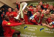 26 October 2012; Joseph Ndo, left, Sligo Rovers, celebrates with his team-mates and the Airtricity League Premier Division trophy in the team dressing room. Airtricity League Premier Division, Sligo Rovers v Shamrock Rovers, Showgrounds, Sligo. Picture credit: David Maher / SPORTSFILE