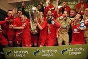 26 October 2012; Sligo Rovers captain Danny Ventre and his team-mates celebrate with the Airtricity League Premier Division trophy in the team dressing room. Airtricity League Premier Division, Sligo Rovers v Shamrock Rovers, Showgrounds, Sligo. Picture credit: David Maher / SPORTSFILE