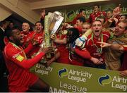 26 October 2012; Joseph Ndo, left, Sligo Rovers, celebrates with his team-mates and the Airtricity League Premier Division trophy in their team dressing room. Airtricity League Premier Division, Sligo Rovers v Shamrock Rovers, Showgrounds, Sligo. Picture credit: David Maher / SPORTSFILE