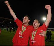 26 October 2012; Jason McGuinness, left, and Gavin Peers, Sligo Rovers, celebrate at the end of the game after winning the Airtricity League Premier Division title. Airtricity League Premier Division, Sligo Rovers v Shamrock Rovers, Showgrounds, Sligo. Picture credit: David Maher / SPORTSFILE