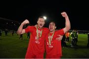 26 October 2012; Jason McGuinness, left, and Gavin Peers, Sligo Rovers, celebrate at the end of the game after winning the Airtricity League Premier Division title. Airtricity League Premier Division, Sligo Rovers v Shamrock Rovers, Showgrounds, Sligo. Picture credit: David Maher / SPORTSFILE