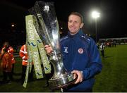 26 October 2012; Ian Baraclough, Sligo Rovers manager, celebrates with the Airtricity League Premier Division trophy. Airtricity League Premier Division, Sligo Rovers v Shamrock Rovers, Showgrounds, Sligo. Picture credit: David Maher / SPORTSFILE