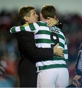 26 October 2012; Gary Twigg congratulated by Director of Football at Shamrock Rovers Brian Laws, after being substituted in his last game for Shamrock Rovers. Airtricity League Premier Division, Sligo Rovers v Shamrock Rovers, Showgrounds, Sligo. Picture credit: David Maher / SPORTSFILE
