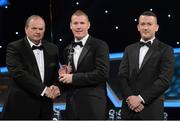 26 October 2012; Jonathan O'Neill, Wicklow, is presented with his 2012 Christy Ring Champion 15 Award by Liam Ó Néill, left, Uachtarán, Chumann Lúthchleas Gael and Donal Og Cusack, right, Chairman, Gaelic Players Association. GAA GPA All-Star Awards 2012, National Convention Centre, Dublin. Picture credit: Brendan Moran / SPORTSFILE