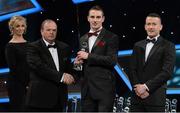 26 October 2012; Mark Moloney, Kildare, is presented with his 2012 Christy Ring Champion 15 Award by Liam Ó Néill, left, Uachtarán, Chumann Lúthchleas Gael and Donal Og Cusack, right, Chairman, Gaelic Players Association. GAA GPA All-Star Awards 2012, National Convention Centre, Dublin. Picture credit: Brendan Moran / SPORTSFILE