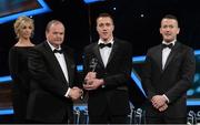26 October 2012; Paul Costello, Kerry, is presented with his 2012 Christy Ring Champion 15 Award by Liam Ó Néill, left, Uachtarán, Chumann Lúthchleas Gael and Donal Og Cusack, right, Chairman, Gaelic Players Association. GAA GPA All-Star Awards 2012, National Convention Centre, Dublin. Picture credit: Brendan Moran / SPORTSFILE