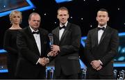 26 October 2012; Paul Braniff, Down, is presented with his 2012 Christy Ring Champion 15 Award by Liam Ó Néill, left, Uachtarán, Chumann Lúthchleas Gael and Donal Og Cusack, right, Chairman, Gaelic Players Association. GAA GPA All-Star Awards 2012, National Convention Centre, Dublin. Picture credit: Brendan Moran / SPORTSFILE