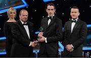 26 October 2012; Stephen Clynch, Meath, is presented with his 2012 Christy Ring Champion 15 Award by Liam Ó Néill, left, Uachtarán, Chumann Lúthchleas Gael and Donal Og Cusack, right, Chairman, Gaelic Players Association. GAA GPA All-Star Awards 2012, National Convention Centre, Dublin. Picture credit: Brendan Moran / SPORTSFILE