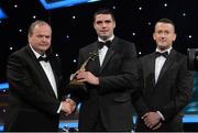 26 October 2012; Brian Costello, London, is presented with his 2012 Christy Ring Champion 15 Player of the Award by Liam Ó Néill, left, Uachtarán, Chumann Lúthchleas Gael and Donal Og Cusack, right, Chairman, Gaelic Players Association. GAA GPA All-Star Awards 2012, National Convention Centre, Dublin. Picture credit: Brendan Moran / SPORTSFILE