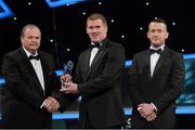 26 October 2012; John Newman, Longford, is presented with his 2012 Lory Meagher Champion 15 Award by Liam Ó Néill, left, Uachtarán, Chumann Lúthchleas Gael and Donal Og Cusack, right, Chairman, Gaelic Players Association. GAA GPA All-Star Awards 2012, National Convention Centre, Dublin. Picture credit: Brendan Moran / SPORTSFILE