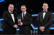 26 October 2012; Kevin McGrath, Leitrim, is presented with his 2012 Lory Meagher Champion 15 Award by Liam Ó Néill, left, Uachtarán, Chumann Lúthchleas Gael and Donal Og Cusack, right, Chairman, Gaelic Players Association. GAA GPA All-Star Awards 2012, National Convention Centre, Dublin. Picture credit: Brendan Moran / SPORTSFILE