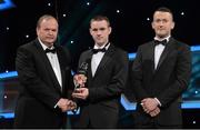 26 October 2012; Sean Corrigan, Fermanagh, is presented with his 2012 Lory Meagher Champion 15 Award by Liam Ó Néill, left, Uachtarán, Chumann Lúthchleas Gael and Donal Og Cusack, right, Chairman, Gaelic Players Association. GAA GPA All-Star Awards 2012, National Convention Centre, Dublin. Picture credit: Brendan Moran / SPORTSFILE