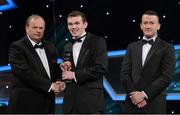 26 October 2012; Patrick McManus, Leitrim, is presented with his 2012 Lory Meagher Champion 15 Award by Liam Ó Néill, left, Uachtarán, Chumann Lúthchleas Gael and Donal Og Cusack, right, Chairman, Gaelic Players Association. GAA GPA All-Star Awards 2012, National Convention Centre, Dublin. Picture credit: Brendan Moran / SPORTSFILE