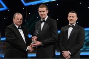 26 October 2012; Kieran Courtney, Warwickshire, is presented with his 2012 Lory Meagher Champion 15 Award by Liam Ó Néill, left, Uachtarán, Chumann Lúthchleas Gael and Donal Og Cusack, right, Chairman, Gaelic Players Association. GAA GPA All-Star Awards 2012, National Convention Centre, Dublin. Picture credit: Brendan Moran / SPORTSFILE