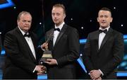 26 October 2012; Sean Óg Grogan, Tyrone, is presented with his 2012 Lory Meagher Champion 15 Player of the Year Award by Liam Ó Néill, left, Uachtarán, Chumann Lúthchleas Gael and Donal Og Cusack, right, Chairman, Gaelic Players Association. GAA GPA All-Star Awards 2012, National Convention Centre, Dublin. Picture credit: Brendan Moran / SPORTSFILE