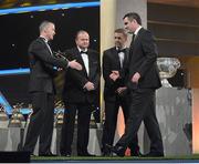 26 October 2012; Donegal's Paul Durcan receives his 2012 GAA GPA All-Star award, sponsored by Opel, from Donal Og Cusack, Chairman, Gaelic Players Association, Liam Ó Néill, Uachtarán, Chumann Lúthchleas Gael, and Dave Sheeran, Managing Director, Opel Ireland. GAA GPA All-Star Awards 2012 Sponsored by Opel, National Convention Centre, Dublin. Picture credit: Brendan Moran / SPORTSFILE