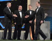 26 October 2012; Donegal's Colm McFadden receives his 2012 GAA GPA All-Star award, sponsored by Opel, from Donal Og Cusack, Chairman, Gaelic Players Association, Liam Ó Néill, Uachtarán, Chumann Lúthchleas Gael, and Dave Sheeran, Managing Director, Opel Ireland. GAA GPA All-Star Awards 2012 Sponsored by Opel, National Convention Centre, Dublin. Picture credit: Brendan Moran / SPORTSFILE